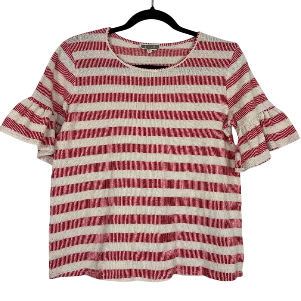 Pleione Knit Top Women's Size Small Red & White Striped Ruffle Sleeve USA‎